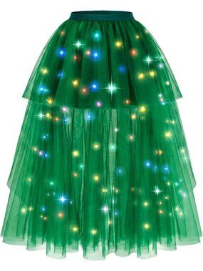 Women LED Light Up Tulle Tutu Skirt High Low Fluffy Sequin Ballet Dress-Green